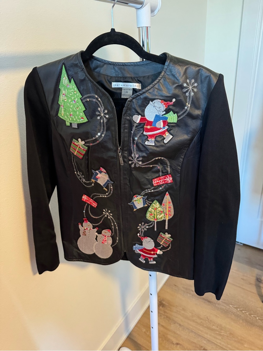 Peter Nygård women's Petite Small black leather & knit Christmas holiday jacket